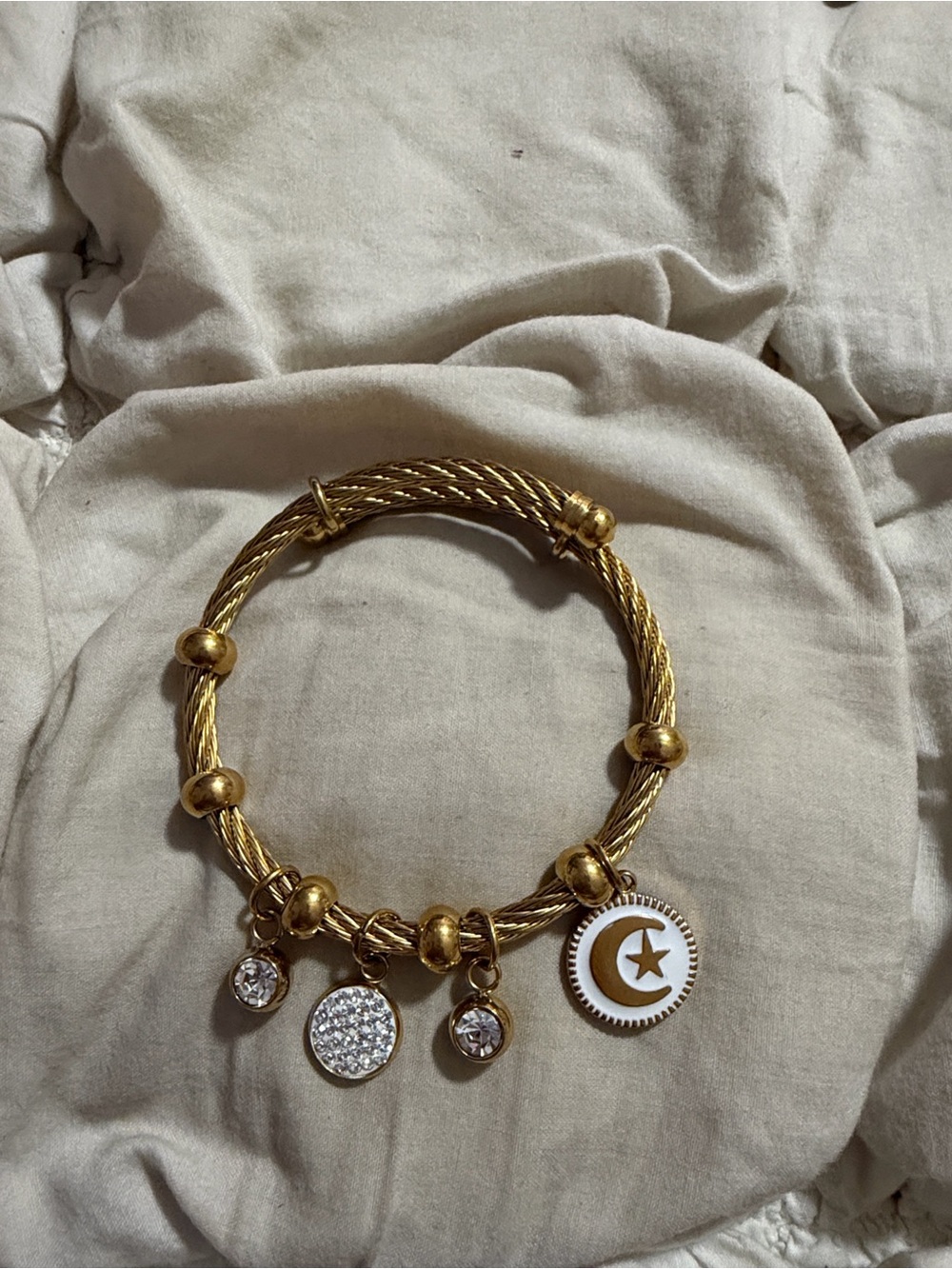 Free People Gold Tone Twisted Cable Pave Crystal Celestial Moon Star Charm Brace